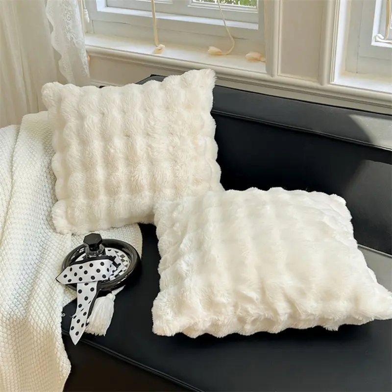 1pc Luxury Faux Rabbit Fur Cushion Cover 50*50cm Plush Milk White Throw Pillowcase for Sofa Bed Living Room Home Decor NO Inner