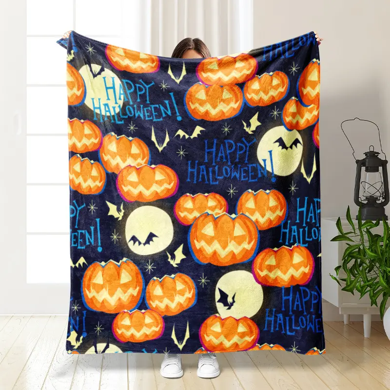 Halloween Elements Decor Throw Blanket for Sofa Bed Home Outdoor Pumpkin Ghost Print Multifunction Blankets Portable Soft Fleece