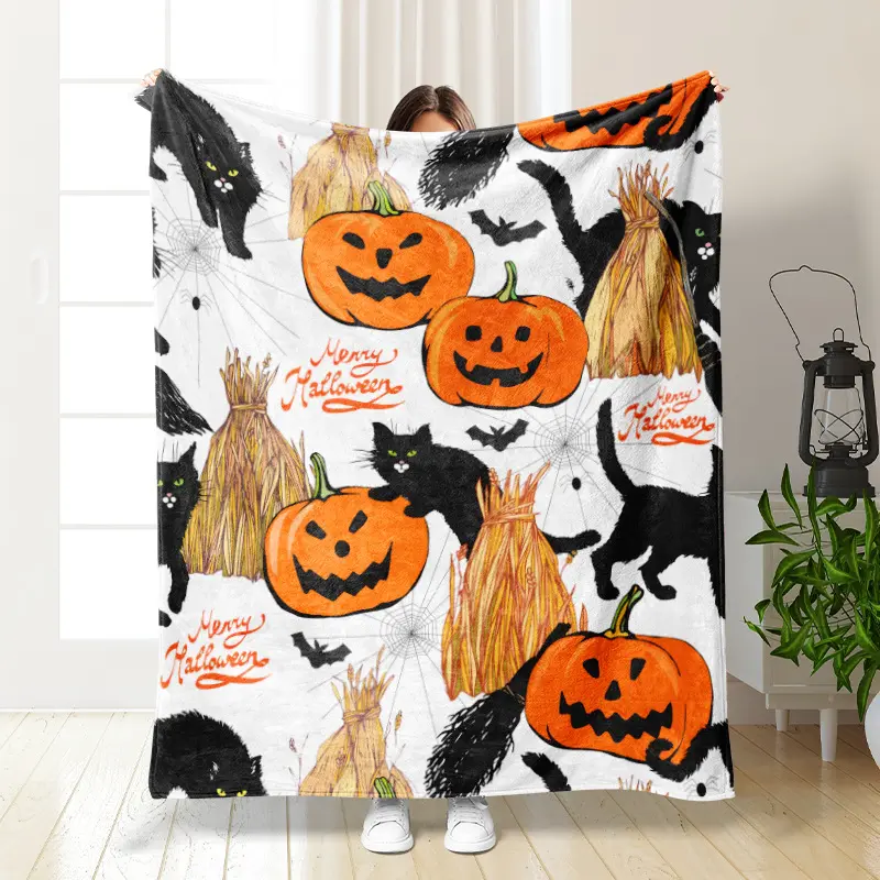 Halloween Elements Decor Throw Blanket for Sofa Bed Home Outdoor Pumpkin Ghost Print Multifunction Blankets Portable Soft Fleece