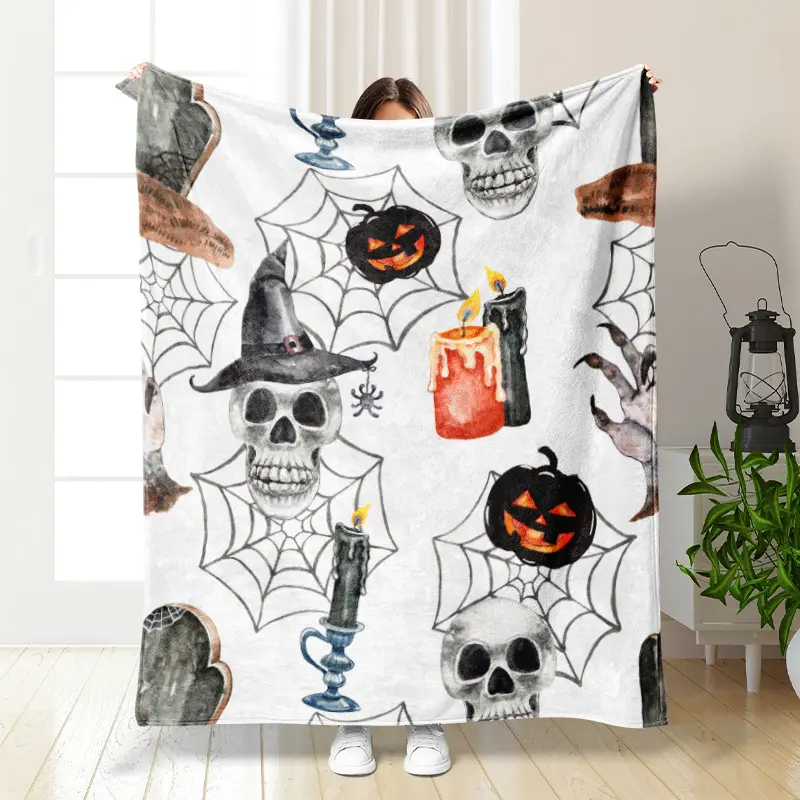 Halloween Elements Decor Throw Blanket for Sofa Bed Home Outdoor Pumpkin Ghost Print Multifunction Blankets Portable Soft Fleece