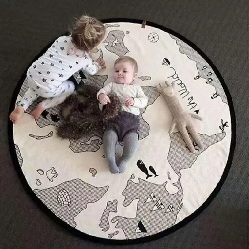 Canvas World Map Baby Play Mat DIY Painting Floor Rug European Carpet Children 135cm Round Climbing Pad Boys Girls Home Decor