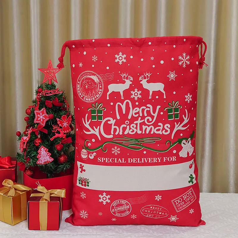 Green Red Drawstring Bags Cotton Canvas Letter Reindeer Santa Claus Snowflake Christmas Element Decor Sacks 50*70cm Large Bags