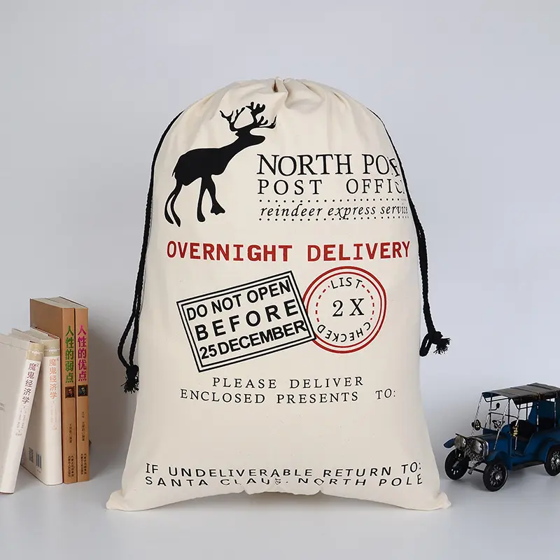 Red Christmas Gift BagCotton Canvas,Reindeer Stocking,Santa Claus Letter Drawstring Socks,Large Size Multipurpose Bags, 50*70cm