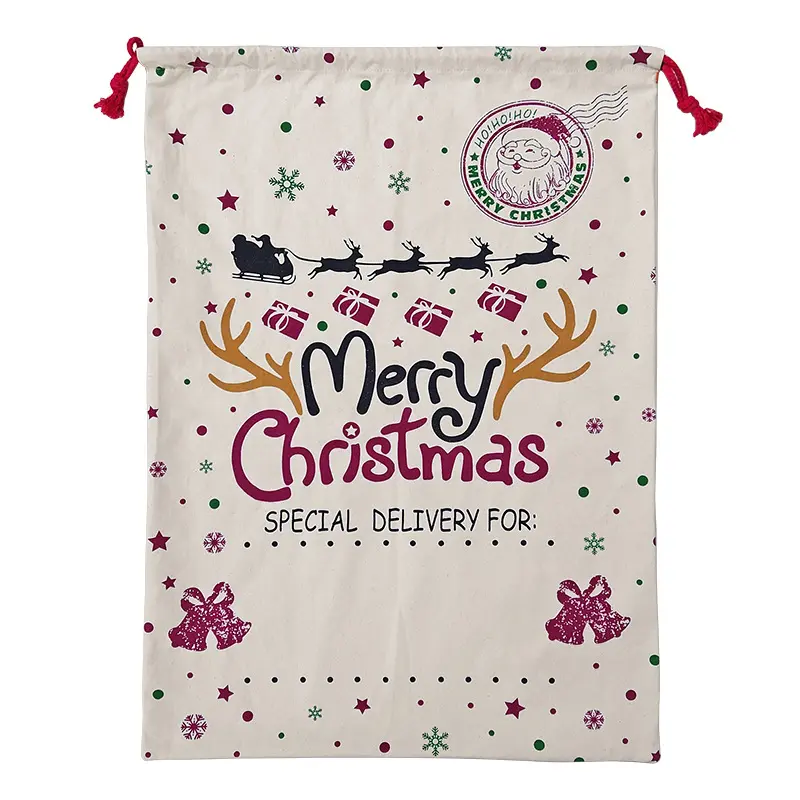 Merry Christmas Letter Cotton Canvas Bags Big Size Reindeer Drawstring Bas Xmas Element Decor Multipurpose Bags For Home Outdoor