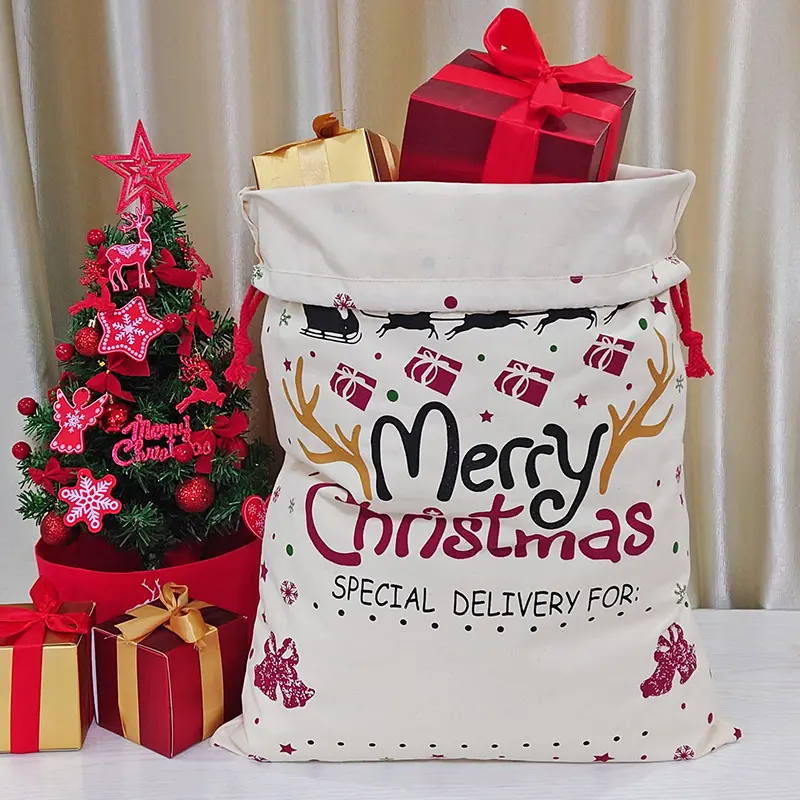 Merry Christmas Letter Cotton Canvas Bags Big Size Reindeer Drawstring Bas Xmas Element Decor Multipurpose Bags For Home Outdoor