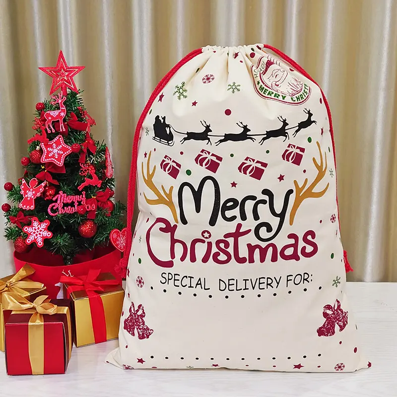 Merry Christmas Letter Cotton Canvas Bags Big Size Reindeer Drawstring Bas Xmas Element Decor Multipurpose Bags For Home Outdoor
