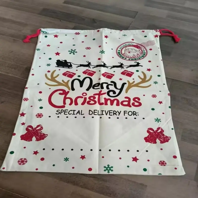 Merry Christmas Letter Cotton Canvas Bags Big Size Reindeer Drawstring Bas Xmas Element Decor Multipurpose Bags For Home Outdoor