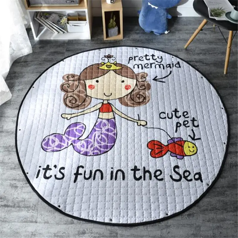 Round Floor Mat 150*150cm Fox Rabbit Play Mat Patchwork Picnic Anti Slip Kids Gift Cute Tapis Modern Cartoon Drawstring Bag