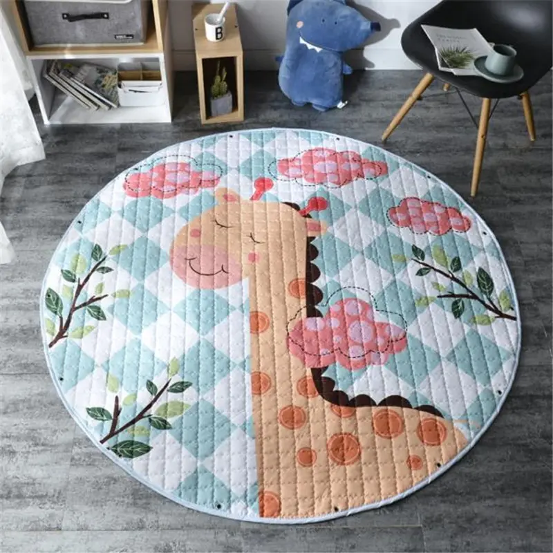 Round Floor Mat 150*150cm Fox Rabbit Play Mat Patchwork Picnic Anti Slip Kids Gift Cute Tapis Modern Cartoon Drawstring Bag