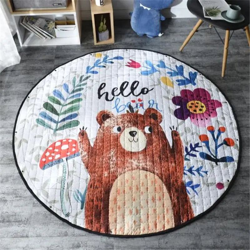 Round Floor Mat 150*150cm Fox Rabbit Play Mat Patchwork Picnic Anti Slip Kids Gift Cute Tapis Modern Cartoon Drawstring Bag
