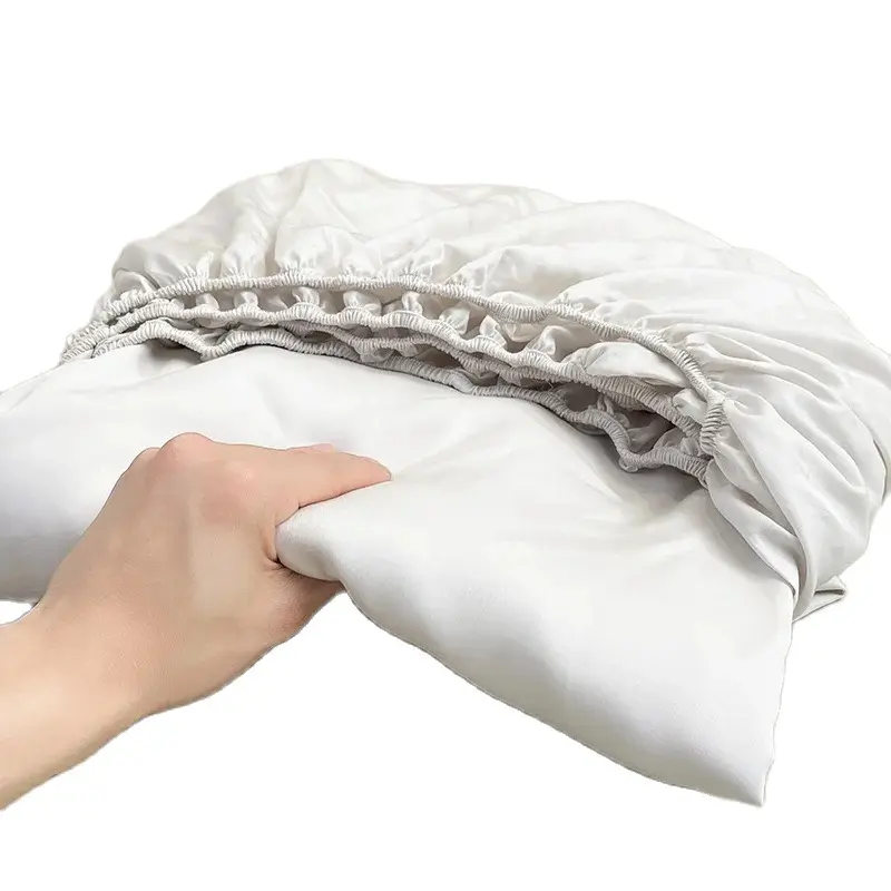 Silky Elastic Fitted Sheet Set,Shiny Solid White Bed Linens,Soft Bamboo Lyocell Fiber Mattress Cover+Pillowcase for 1.5m Bed 3pc