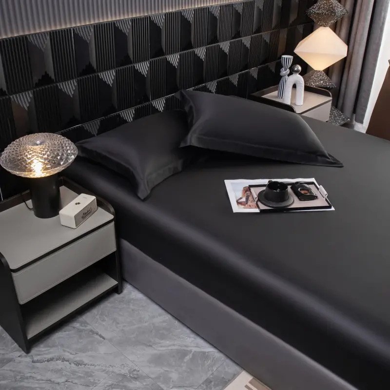 1pc Black Shiny Fitted Sheet,Eucalyptus Lyocell Fiber Mattress Cover with 360 Bands,Cooling Bedsheet Home Textile, No Pillowcase