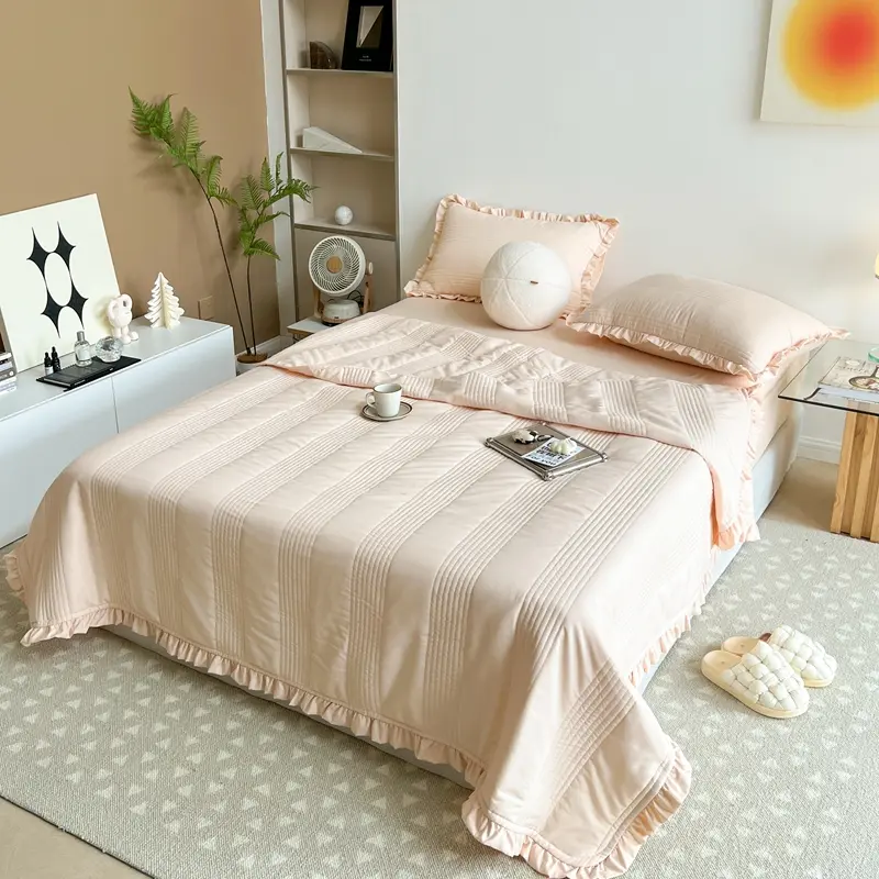 Washed Cotton Summer Quilt with Ruffle Quilted Stripe Thin Air Condition Comforter Green Korean Single Blanket 150*200cm