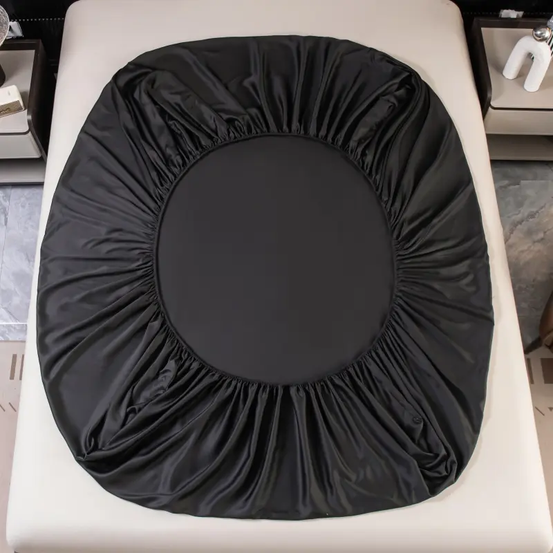 1pc Black Shiny Fitted Sheet,Eucalyptus Lyocell Fiber Mattress Cover with 360 Bands,Cooling Bedsheet Home Textile, No Pillowcase
