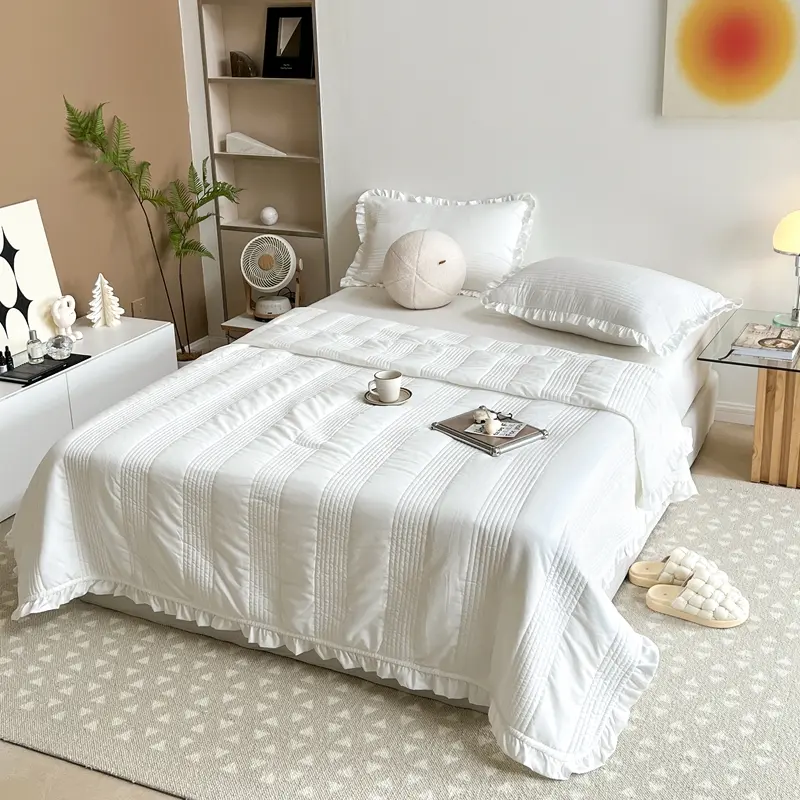 Washed Cotton Summer Quilt with Ruffle Quilted Stripe Thin Air Condition Comforter Green Korean Single Blanket 150*200cm