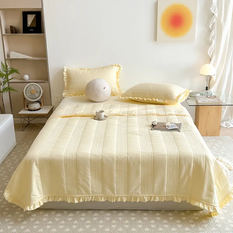 Washed Cotton Summer Quilt with Ruffle Quilted Stripe Thin Air Condition Comforter Green Korean Single Blanket 150*200cm