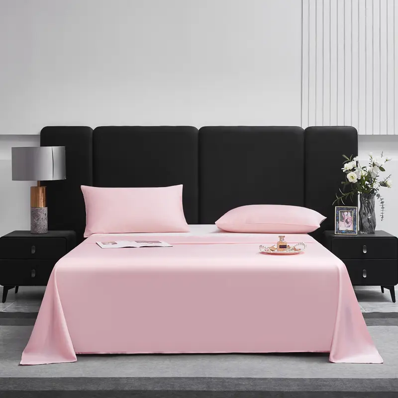 4pcs Solid Pink Bed Sheet Set,Silky Eucalyptus Lyocell Fiber Flat/Top Sheet+Fitted Sheet +Pillowcase,Cooling Bed Linens For 1.5m
