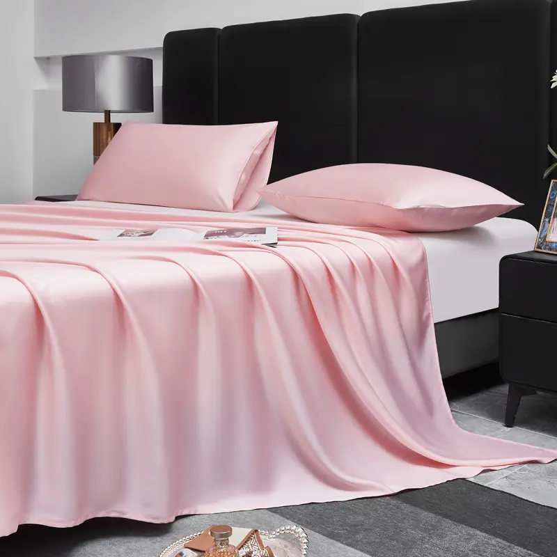 4pcs Solid Pink Bed Sheet Set,Silky Eucalyptus Lyocell Fiber Flat/Top Sheet+Fitted Sheet +Pillowcase,Cooling Bed Linens For 1.5m