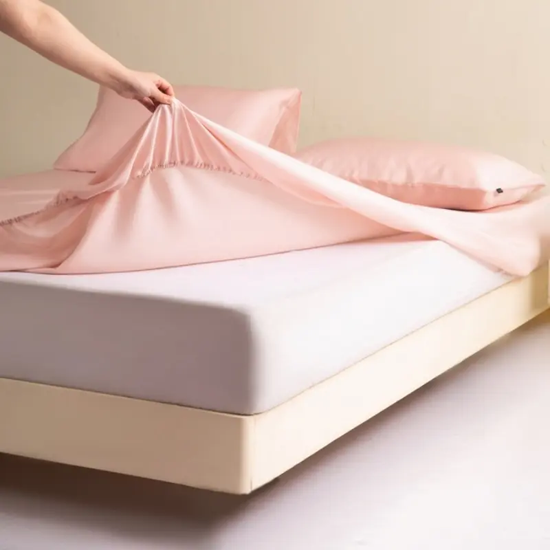 1pc Plain Pink Lyocell Fiber Fitted Sheet, Mattress Cover with 360 Elastic Band,Breathable Silky Natural Plant Fiber Bed Linens