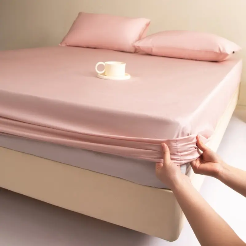 1pc Plain Pink Lyocell Fiber Fitted Sheet, Mattress Cover with 360 Elastic Band,Breathable Silky Natural Plant Fiber Bed Linens