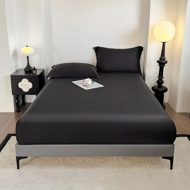 1pc Home Fitted Sheet,Luxury Eucalyptus Lyocell Fiber Queen Mattress Cover,Black Silky Bed Sheets Linens 180*200*1pc