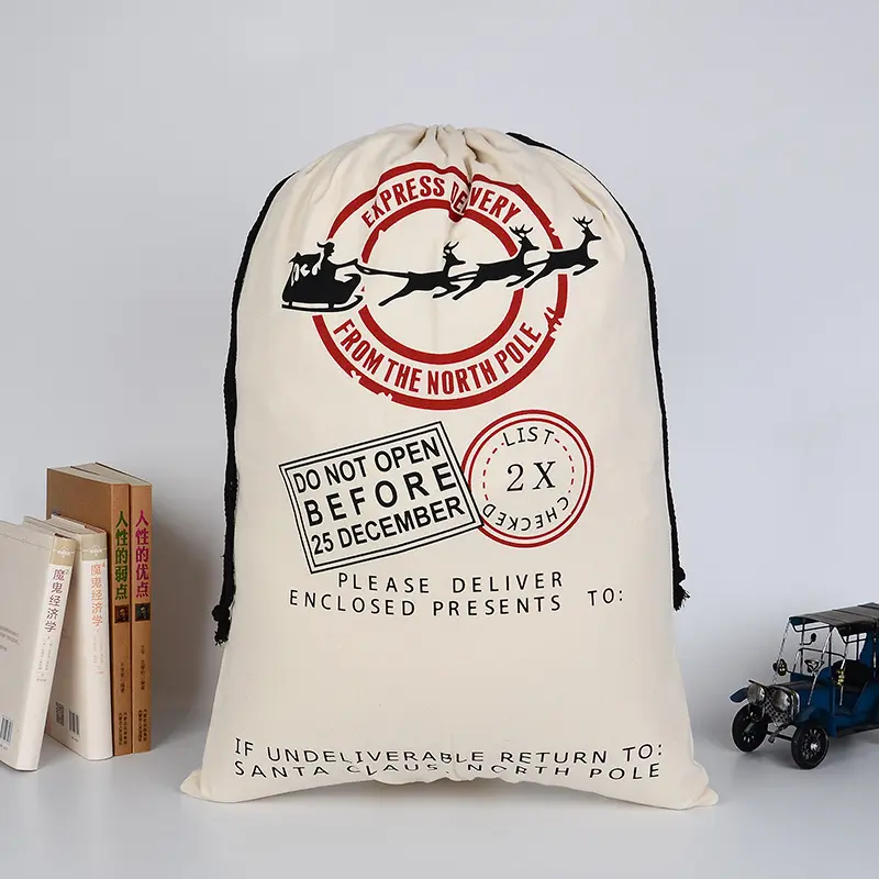 Santa Sacks Cotton Canvas Children Gift Bag, Reindeer Stocking,Christmas Drawstring Socks,Large Size Candy Toys Bags, 50*70cm
