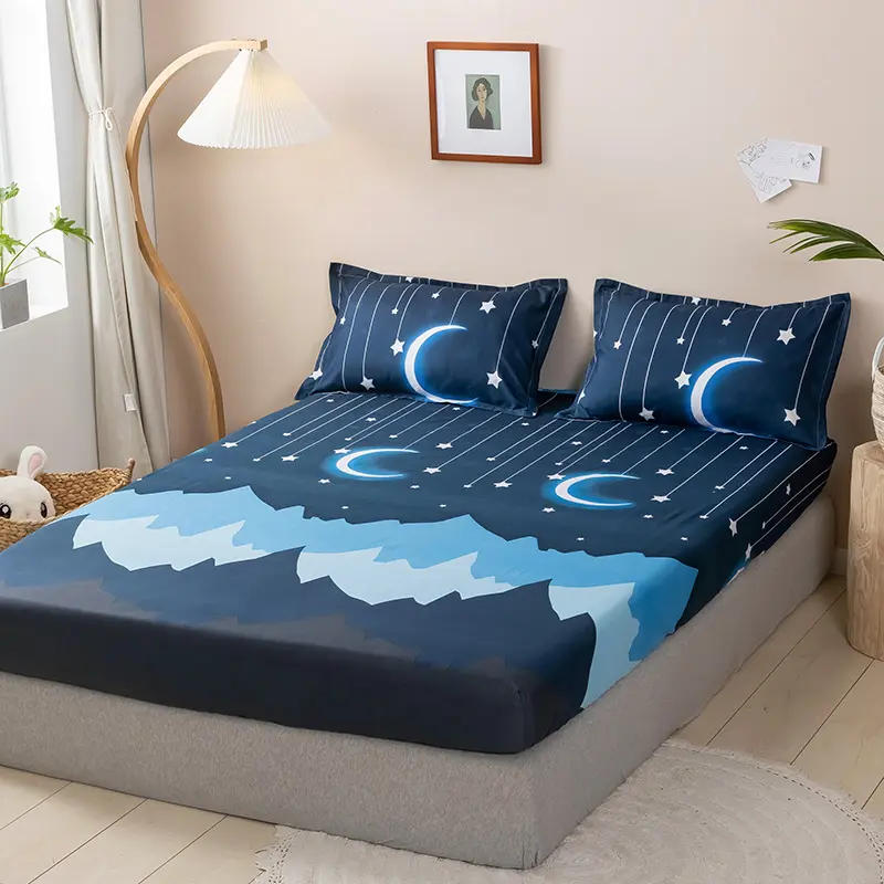 1pc 120*200cm Fitted Sheet,Soft Microfiber,Single Summer Mattress Cover With Elastic Band,Blue Star Moon Man Home Bed Linens