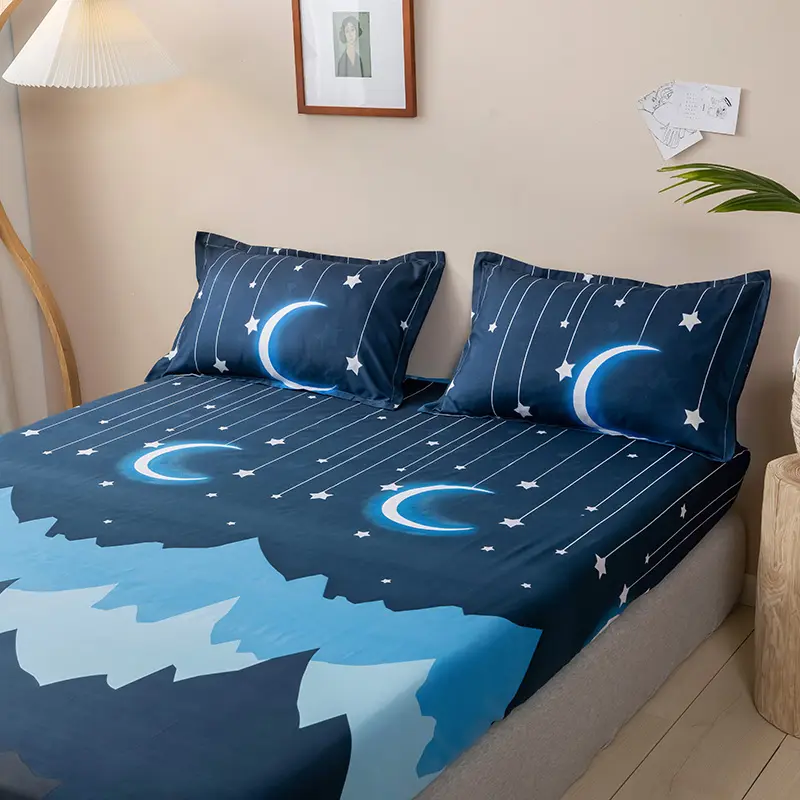1pc 120*200cm Fitted Sheet,Soft Microfiber,Single Summer Mattress Cover With Elastic Band,Blue Star Moon Man Home Bed Linens