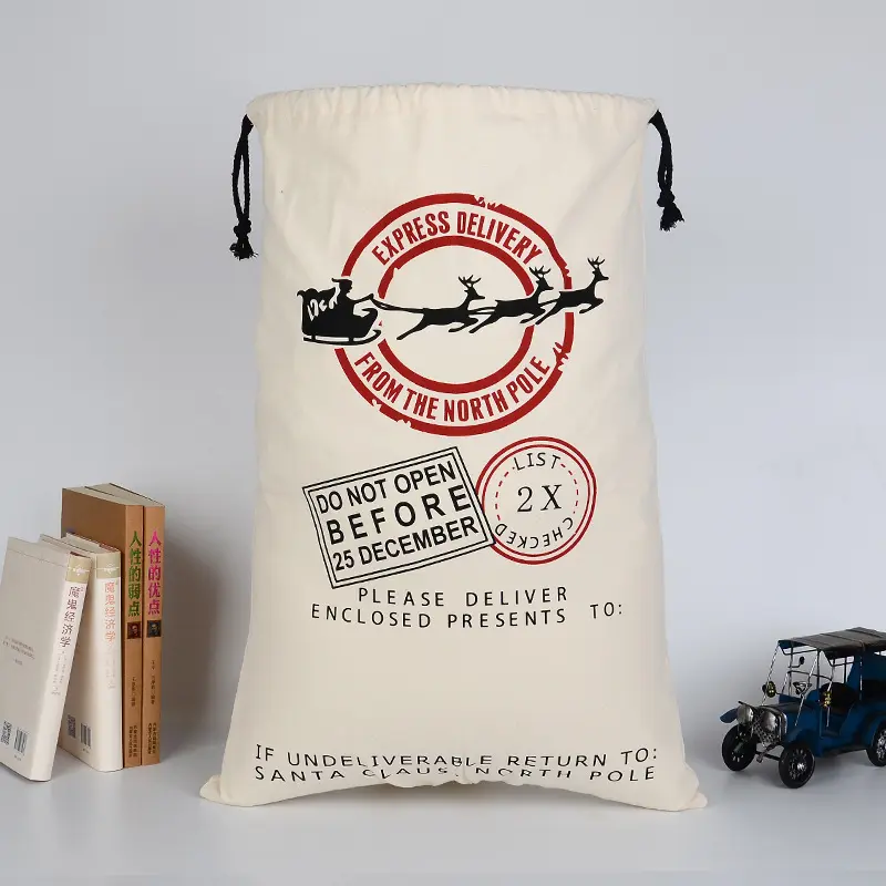Santa Sacks Cotton Canvas Children Gift Bag, Reindeer Stocking,Christmas Drawstring Socks,Large Size Candy Toys Bags, 50*70cm