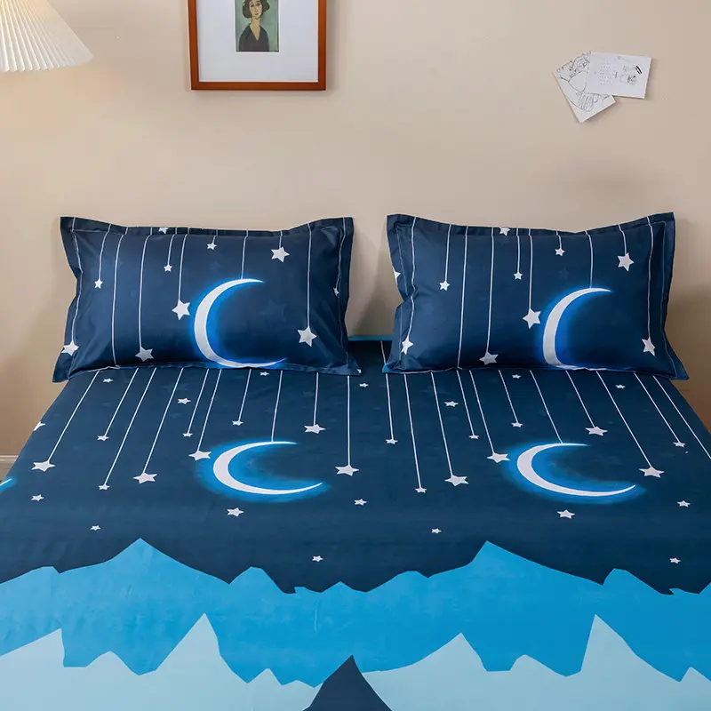 1pc 120*200cm Fitted Sheet,Soft Microfiber,Single Summer Mattress Cover With Elastic Band,Blue Star Moon Man Home Bed Linens