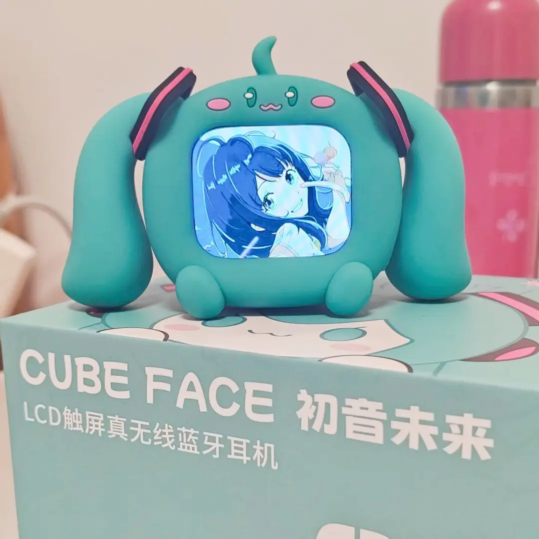 Hatsune Miku Touch Screen Interactive Wireless Bluetooth Anime Peripheral Headset Gift Box Cube Face Lcd Kids Toy Birthday Gift