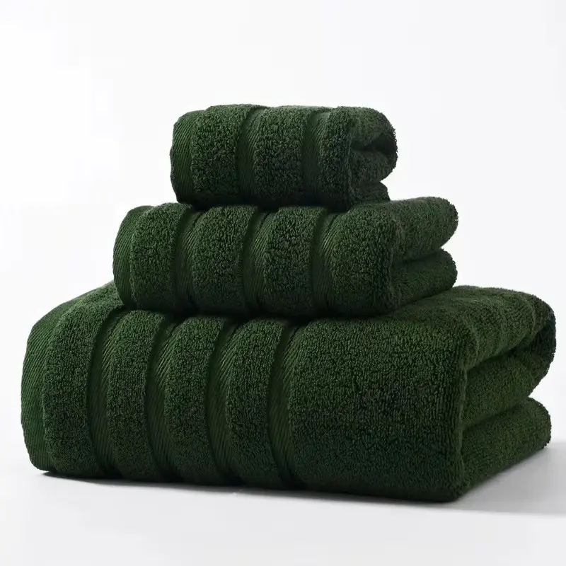 3pcs Dark Green 1 Face+2 Hand Towels,100%Cotton,Stripe Decor, Washcloth For Home Hotel Bathroom Solid Black White Towel Gift