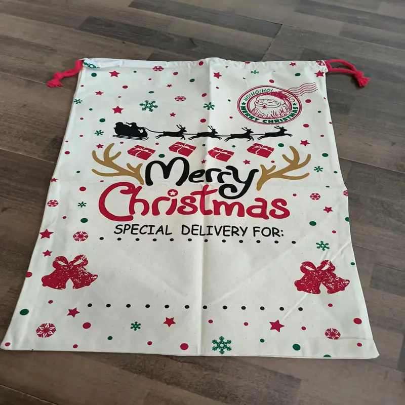 Red Christmas Gift Bag,Cotton Canvas,Reindeer Stocking,Santa Claus Letter Drawstring Socks,Large Size Multipurpose Bags, 50*70cm