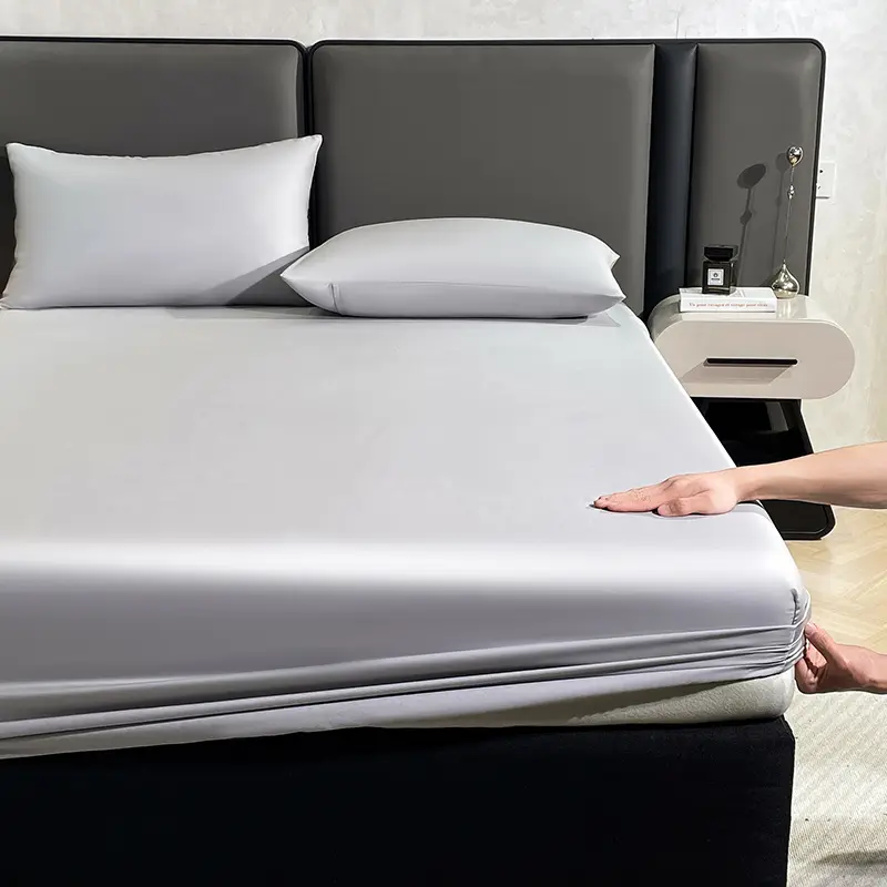 1pc Silky Mattress Cover with 360 Band,Gray Natural Bamboo Lyocell Fitted Sheet For Twin 1.2m Family Bed Linens 30cm Deep