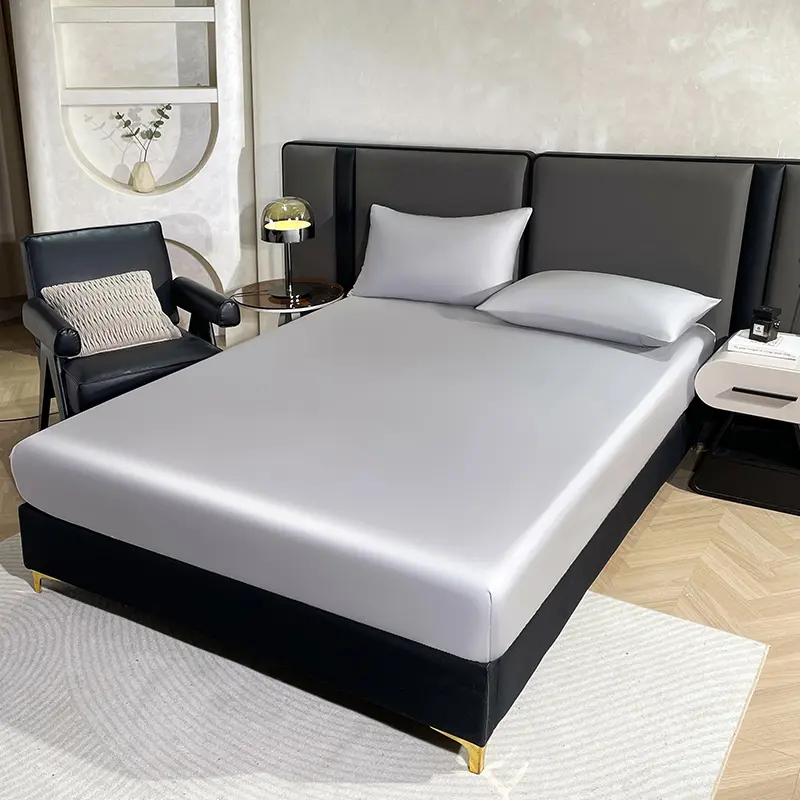 1pc Silky Mattress Cover with 360 Band,Gray Natural Bamboo Lyocell Fitted Sheet For Twin 1.2m Family Bed Linens 30cm Deep
