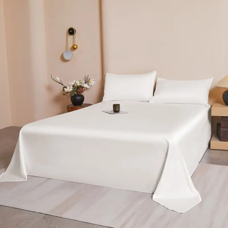 1pc Summer Cooling Top Sheet,Shiny Silky White Flat Sheet,Lyocell Bamboo Fiber Cold Bed Linens Mattress Cover,US queen 90*102in