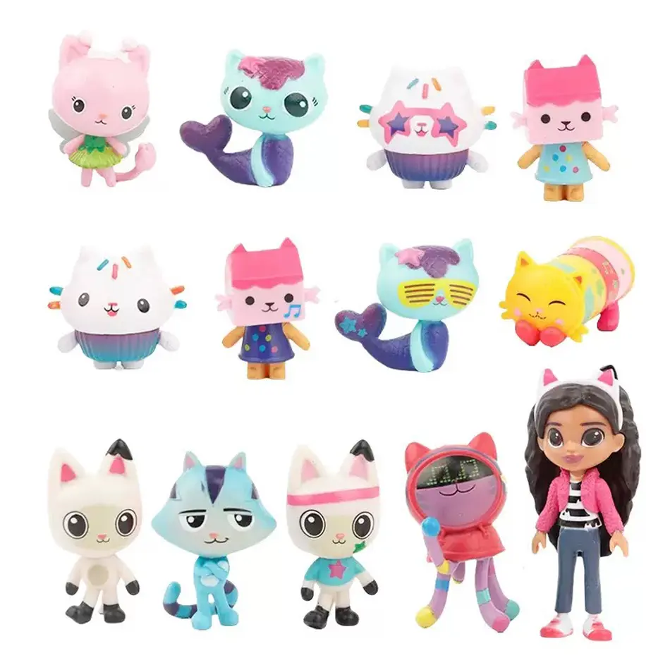 13pcs Gabby Dollhouse Anime Figure Toy Smiling Car Cat Hug Gaby Girl Dolls Mercat Cartoon Action Figure Kids Xmas Birthday Gifts