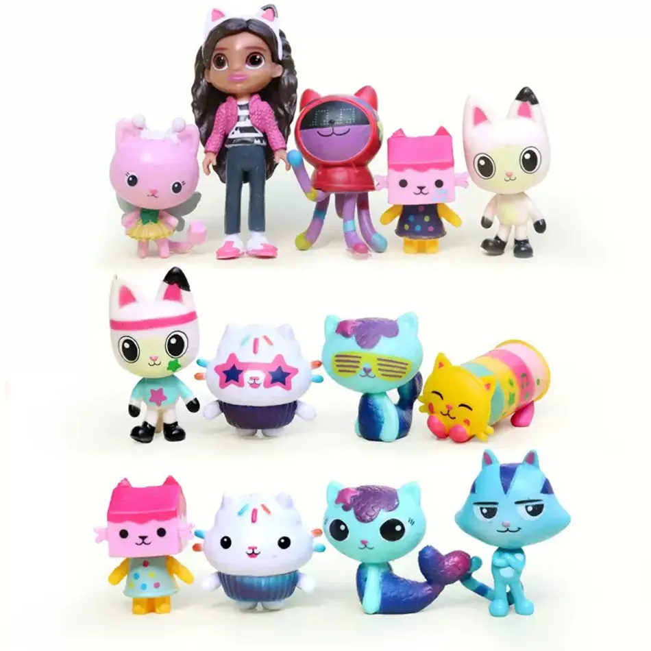 13pcs Gabby Dollhouse Anime Figure Toy Smiling Car Cat Hug Gaby Girl Dolls Mercat Cartoon Action Figure Kids Xmas Birthday Gifts
