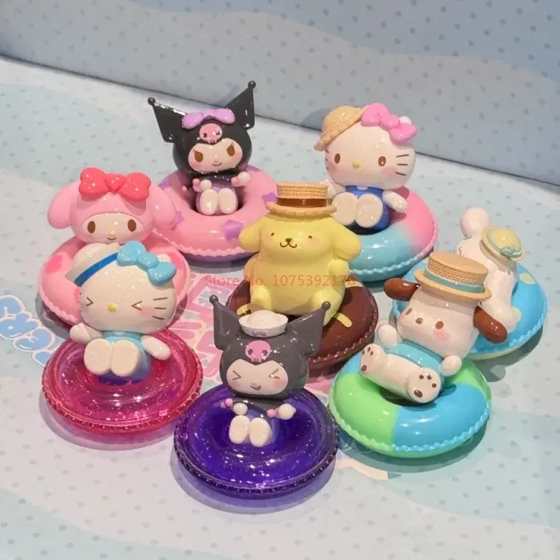 Sanrio Mini Swimming Circle Series Kawaii Kuromi My Melody Hello Kitty Cinnamoroll Model Desktop Decoration Toy Birthday Gift