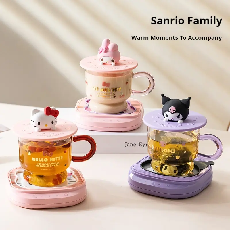 Sanrio Pochacco Kuromi Melody Anime Water Cup Mat Set 2025 New Heated Warmed Cup Ornaments Gift Box for Girls Cinnamoroll