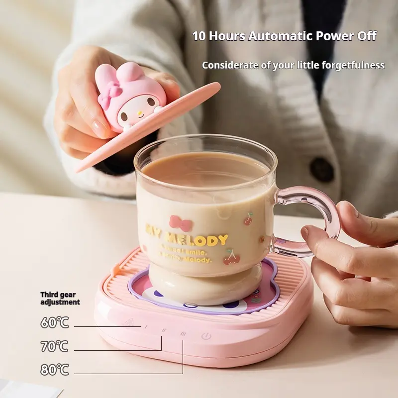 Sanrio Pochacco Kuromi Melody Anime Water Cup Mat Set 2025 New Heated Warmed Cup Ornaments Gift Box for Girls Cinnamoroll