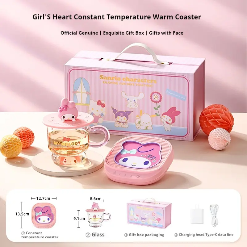 Sanrio Pochacco Kuromi Melody Anime Water Cup Mat Set 2025 New Heated Warmed Cup Ornaments Gift Box for Girls Cinnamoroll
