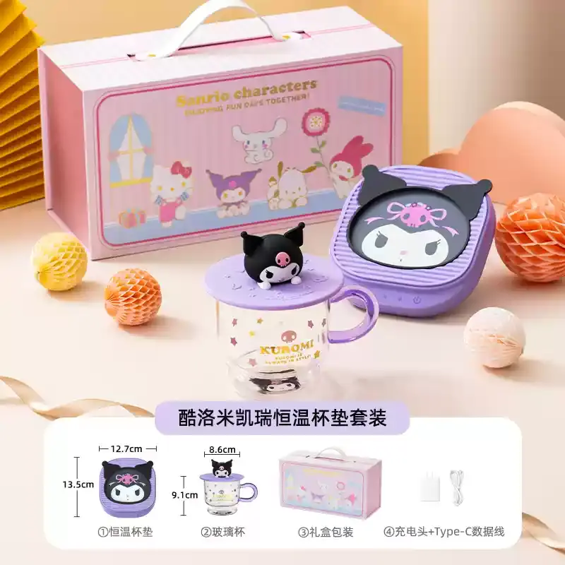 Sanrio Pochacco Kuromi Melody Anime Water Cup Mat Set 2025 New Heated Warmed Cup Ornaments Gift Box for Girls Cinnamoroll