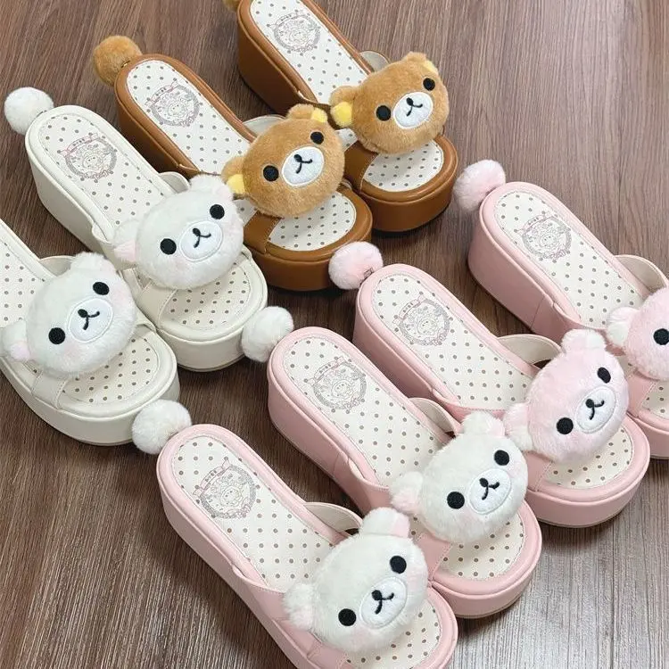 Rilakkuma Anime Cute Pink Bear Slippers Thick Bottom Fashion Cartoon Style Sandals for Sister Lucky Bear Themed Toys & Hobbies