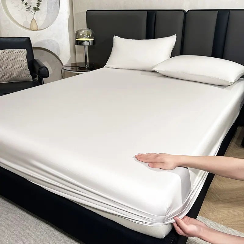 1pc Silky Cooling Elastic Fitted Sheet,Shiny Plain White Bed Linens,100% Eucalyptus Fiber Mattress Covers for 1.2/1.5/1.8m Bed