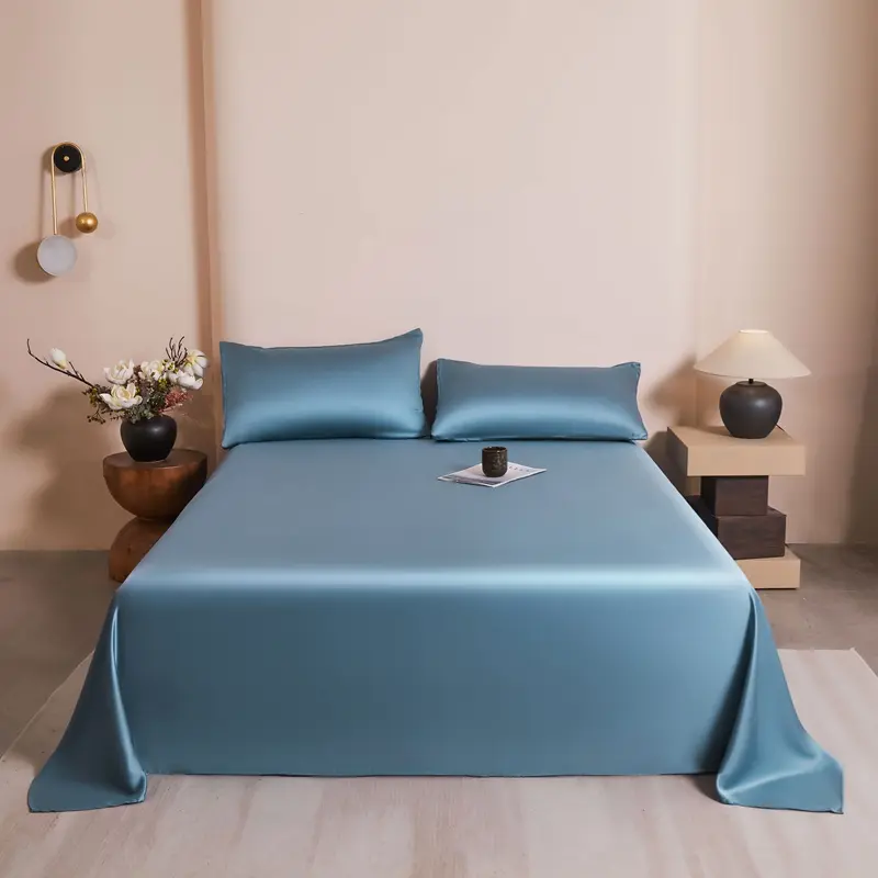 1pc Fashion Blue Flat Sheet,Lyocell Bamboo Fiber Bed Top Sheets,Solid Mattress Cover,Silky Home Linens US Queen 90*102in Size
