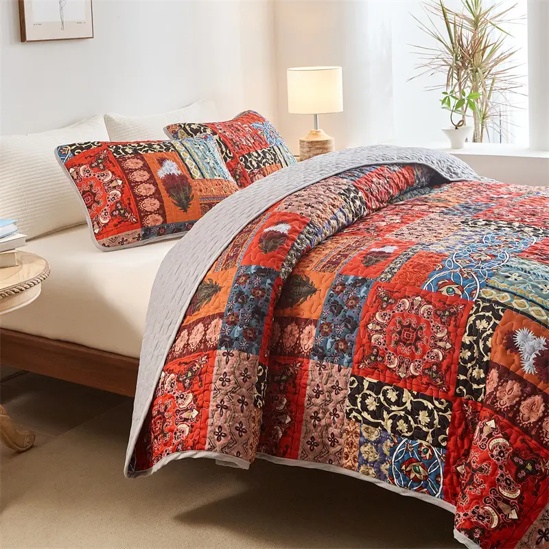 US Queen Quilted Bed Cover Set US size Floral Bedspread Set with Pillowcase Patchwork Quilt 229*229cm