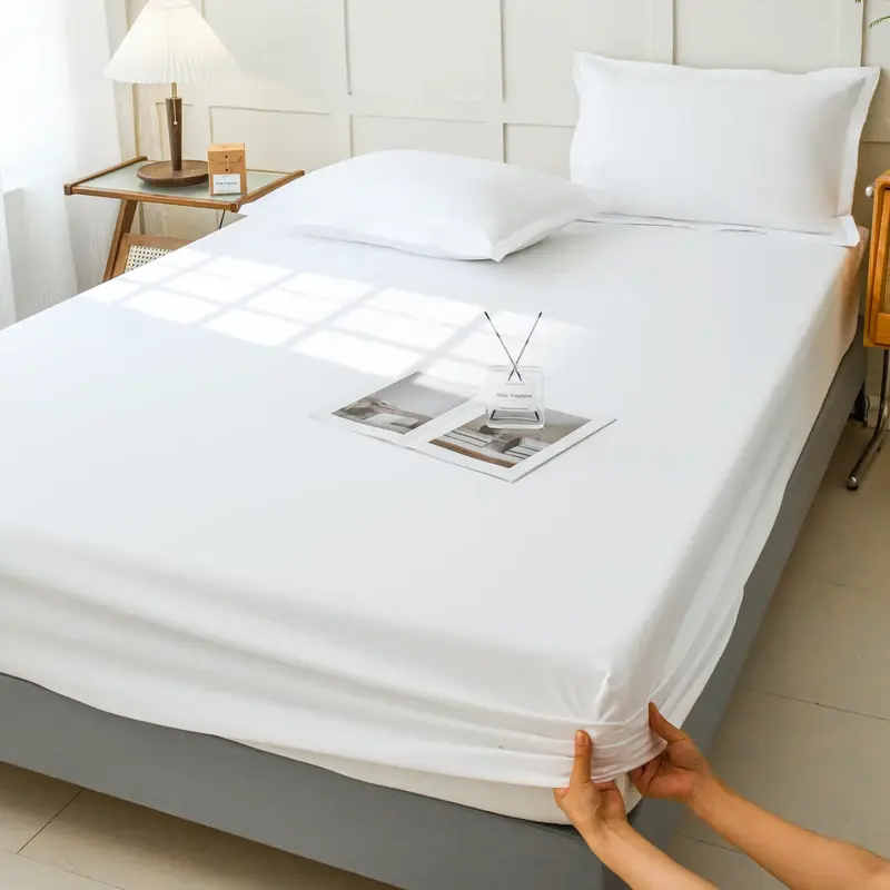 Solid Color Waterproof Bed Fitted Sheet and Pillowcase Set,Stain-Resistant Barrier for Mattress and Pillows, Machine Washable