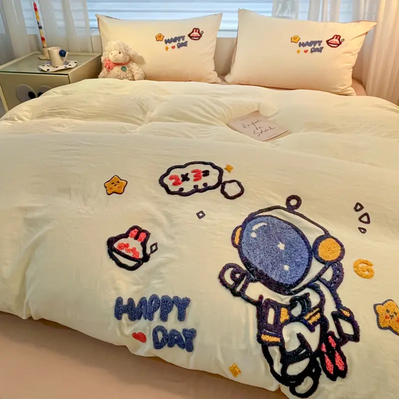 Luxurious Touch Super Soft Water-Washed Cotton Towel Embroidered Duvet Cover Set with Pillowcases - Enhanced Comfort