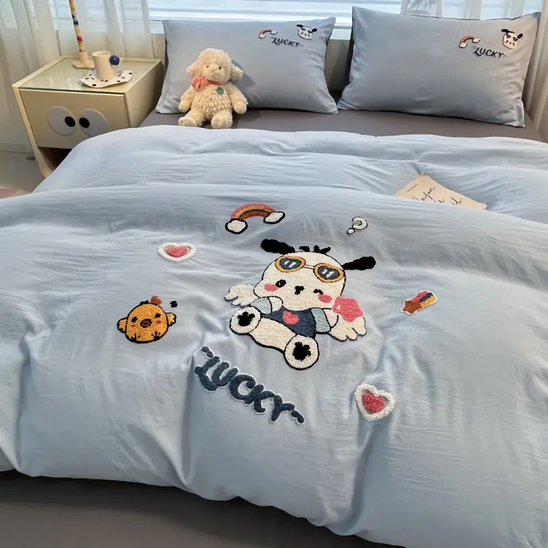 Luxurious Touch Super Soft Water-Washed Cotton Towel Embroidered Duvet Cover Set with Pillowcases - Enhanced Comfort